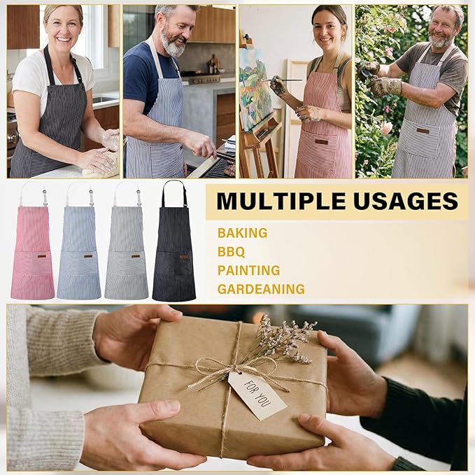 Handepo 4 Pcs Kitchen Aprons with Pockets Adjustable Waterproof Cotton Aprons Striped Apron for Women Men Chef Mother Gift - Image 6
