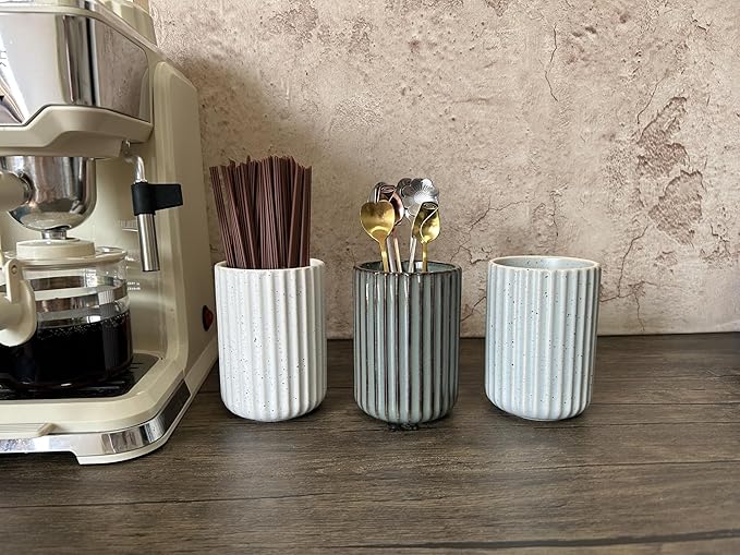 TOPYOKK Stoneware Coffee Bar Utensil Holder Tea & Coffee Spoon & Stirrer Holder for Stir Stick Straw Teaspoon Holder Spoon Cup Small Utensil Jar Fluted Vertical Stripe (Retro Grey) - Image 2