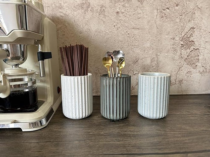TOPYOKK Stoneware Coffee Bar Utensil Holder Tea & Coffee Spoon & Stirrer Holder for Stir Stick Straw Teaspoon Holder Spoon Cup Small Utensil Jar Fluted Vertical Stripe (Retro Grey) - Image 2