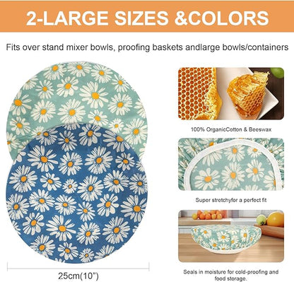 Reusable Bowl Covers for Bread Proofing（2 Large）- Cotton Beeswax Bowl Covers Reusable with Elastic Rim, Sourdough Bowl Cover for Food Storage and Food Preservation (10INCH) (daisy)