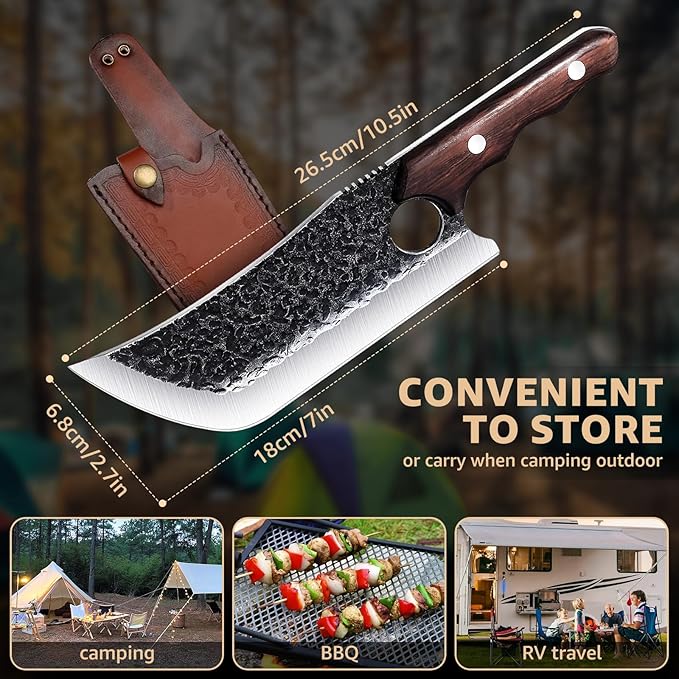 DRGSKL Hand Forged Meat Cleaver Knife Fathers Butcher Knives for Meat Cutting Full Tang Chef Knife with Belt Sheath and Gift Box High Carbon Steel for Kitchen or Camping, Gift for Dad - Image 4
