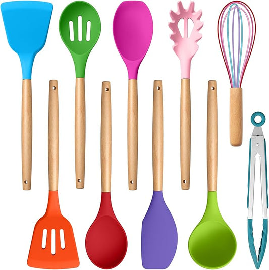 E-far Silicone Cooking Utensils Set, 10-Piece Kitchen Utensils Set with Wooden Handle for Nonstick Cookware, Heat Resistant Kitchen Nonstick Tools Spatula Whisk Ladle, Non-toxic & Healthy - Colorful by E-far