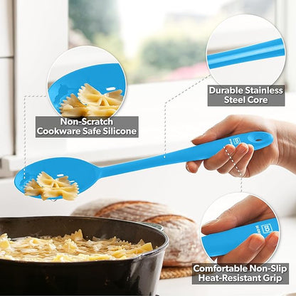 DI ORO Silicone Mixing & Serving Spoons - Large Heat-Resistant Non Stick Utensils Big Solid & Slotted Basting Spoons - Dishwasher Safe (2pc, Blue) - Image 3