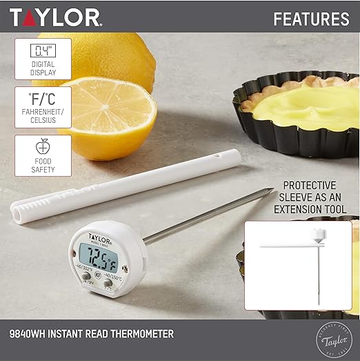 Taylor Instant Read Digital Meat Thermometer for Grill, BBQ & Kitchen, NSF Approved, Fast Internal Temperature Readings, F/C Switchable Display, Battery Included, Pocket Sleeve Clip, White - Image 2