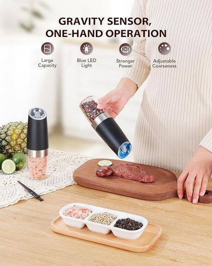 Sangcon Gravity Electric Salt and Pepper Grinder Set Automatic Shakers Mill Grinder with LED Light, BATTERY POWERED Adjustable Coarseness One Hand Operation, Upgraded Larger Capacity - Image 2
