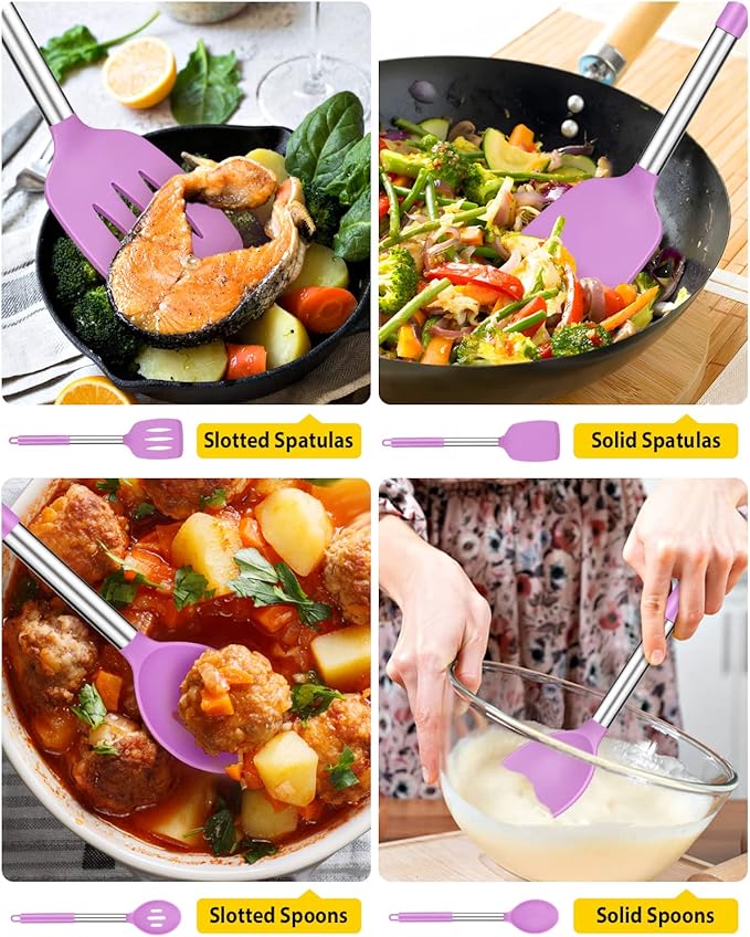 Pack of 4 Silicone Cooking Utensils Set, Non Stick Large Solid Spatulas, Heat Resistant Purple Slotted Spoons, Ideal BPA Free Kitchen Turners for Frying, Mixing,Serving,Draining,Turning,Stirring - Image 3