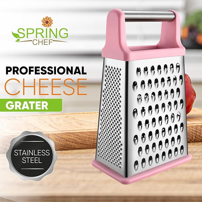 Spring Chef Professional Stainless Steel XL Parmesan Cheese Grater with Handle - 4 Sided Box Grater for Kitchen - Dishwasher Safe Carrot Shredder for Potato, Vegetables, Ginger - Pink Lemonade - Image 2