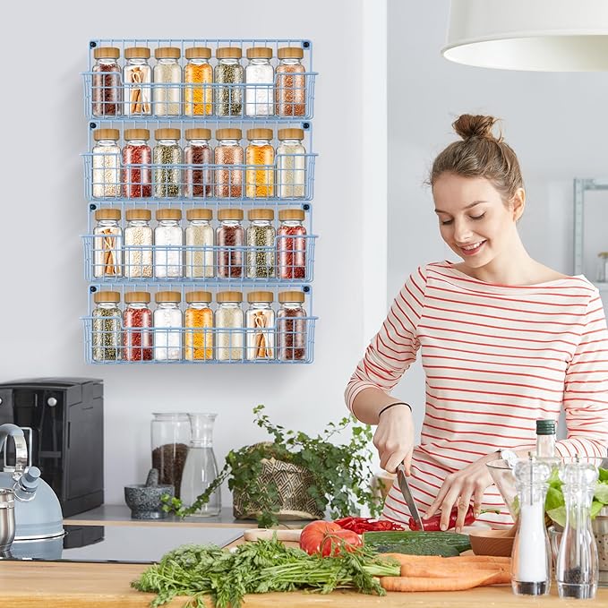 Spice Rack Wall Mount, Wall Spice Organizer for Kitchen Cabinet Door, Pack of 4 Hanging Spice Rack for Wall Saving Kitchen Space, Light Blue - Image 3