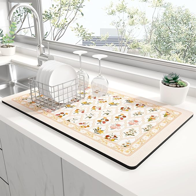 Rnivvi Dish Drying Mat for Kitchen Counter, 12 x 19" Cute Flower Theme Super Absorbent Draining Pad, Non-Slip Heat Resistant Coffee Bar Mat for Coffee Machine Station Accessories, Beige Dish Rack Pad by Rnivvi