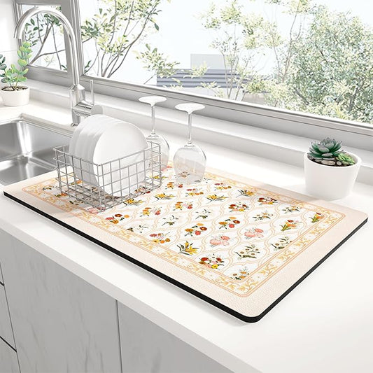 Rnivvi Dish Drying Mat for Kitchen Counter, 12 x 19" Cute Flower Theme Super Absorbent Draining Pad, Non-Slip Heat Resistant Coffee Bar Mat for Coffee Machine Station Accessories, Beige Dish Rack Pad by Rnivvi