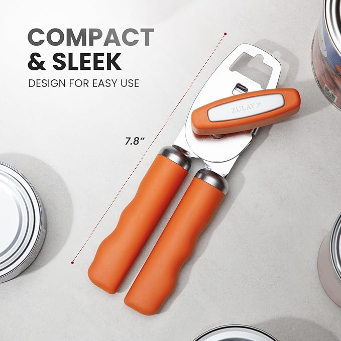 Zulay Kitchen Heavy Duty Stainless Steel Can Opener Manual with Bottle Opener - Rust Proof Manual Can Opener With Turn Knob & Comfy Soft Grip Handles - Orange - Image 2