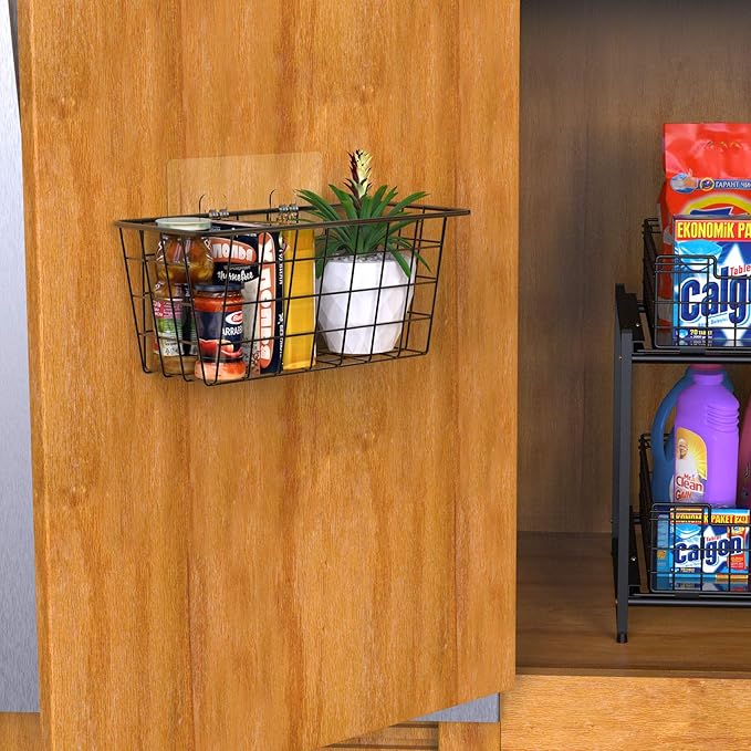 MaraFansie Hanging Kitchen Baskets Wire Storage Basket Over the Cabinet Door Organizer, No Drilling Adhesive Basket for Cabinet Pantry Organization and Kitchen, Bathroom, Storage, 2 Pack, Black - Image 2