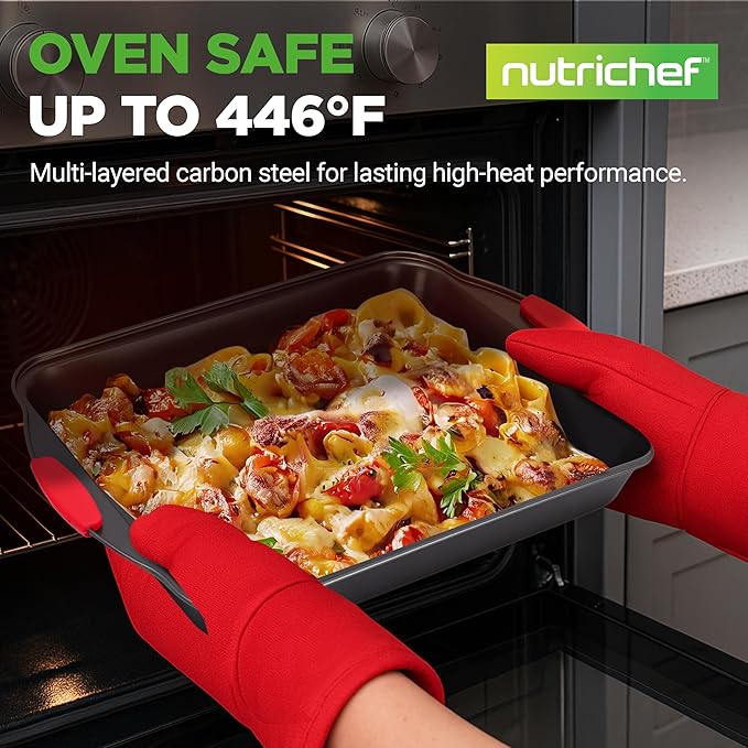 NutriChef Non-Stick Kitchen Oven Baking Pans-Deluxe & Stylish Nonstick Gray Coating Inside Outside, Commercial Grade Restaurant Quality Metal Bakeware with Red Silicone Handles NCSBS8S, 8 Piece Set - Image 2