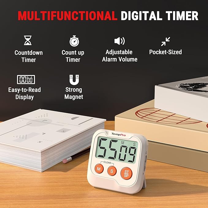 TempPro TM03 Digital Timer for Kids & Teachers, Kitchen Timers for Cooking with 2 Alarm Volume, Countdown Timer Stopwatch for Classroom Supplies, Exercise, Baking, Work, 2-Pack (Previously ThermoPro) - Image 2