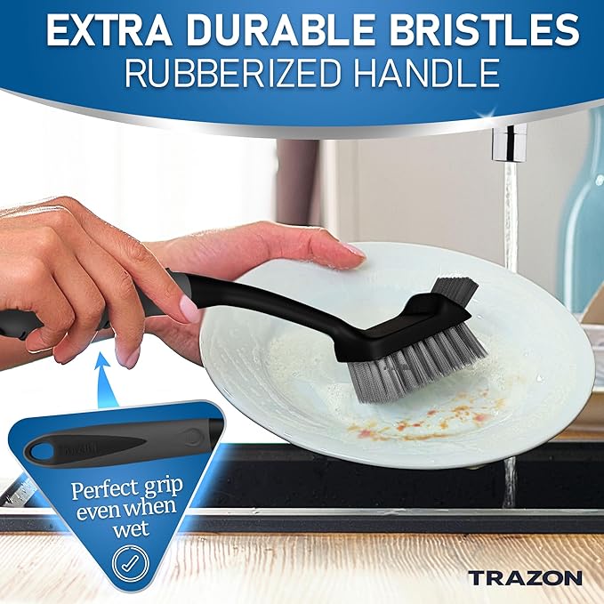 Dish Brush Set of 5 with Holder - Kitchen Scrub Brushes with Non-Slip Long Handle for Cleaning, Scrubber, Dishwashing, Dishes, Bottles, Straws, Cups, Pots & Sink, Black - Image 6