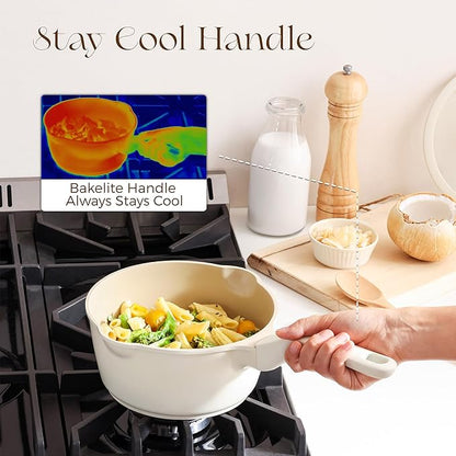 PRICUSIS Ceramic Nonstick Saucepan with Lid, 2 Quart Non Toxic Pot with Pour Spouts, Full Coated, 100% Dishwasher Safe, Induction Compatible & Oven Safe, PTFE PFAS & PFOA Free, Coconut White - Image 5