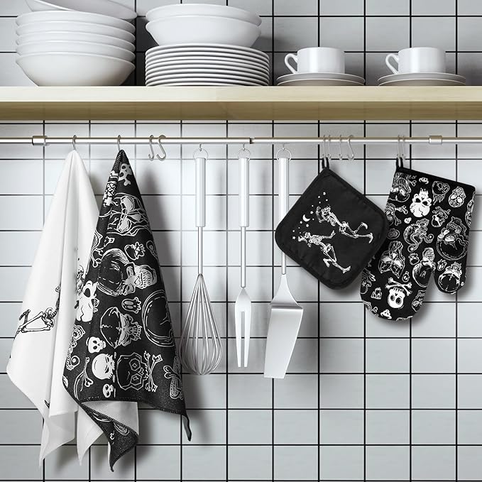 Leinuosen 6 Pcs Skull Kitchen Decor Set Kitchen Towels Gothic Oven Mitts and Pot Holders Skeleton Hand Dish Towels Horror Oven Mitts for Home Decoration Party Gifts (Classic Color,Skull) - Image 2