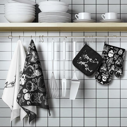 Leinuosen 6 Pcs Skull Kitchen Decor Set Kitchen Towels Gothic Oven Mitts and Pot Holders Skeleton Hand Dish Towels Horror Oven Mitts for Home Decoration Party Gifts (Classic Color,Skull) - Image 2