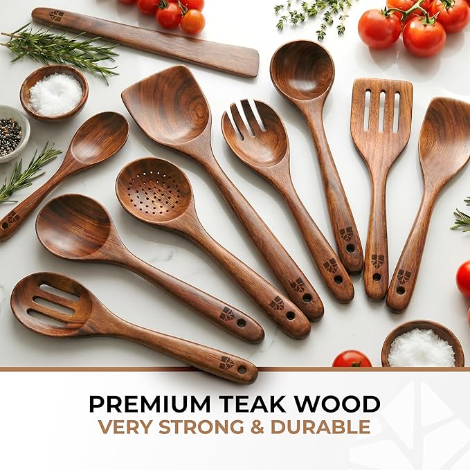 Wooden Spoons for Cooking – 10 Pcs Premium Teak Wooden Utensil Set with Hooks - Durable, Nonstick Safe, Easy to Clean & Heat Resistant with Ergonomic Handles - Image 2