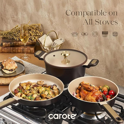 CAROTE Pots and Pans Set Nonstick, 16pcs Cookware Set Nonstick Non-Toxic & PFOA&PFOS-Free, Dishwasher, RV/Camping Cookware Set, Cooking Pots with Lids, Brown - Image 4