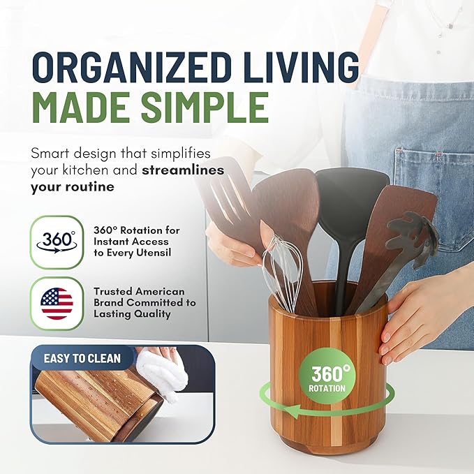 Linda's Essentials Acacia Wooden Utensil Holder for Kitchen Counter, 7.2" Wood Utensil Holder Counter, Kitchen Utensils Holder with 360° Rotation, Non-Slip Large Utensils Holders, Spatula Holders - Image 5