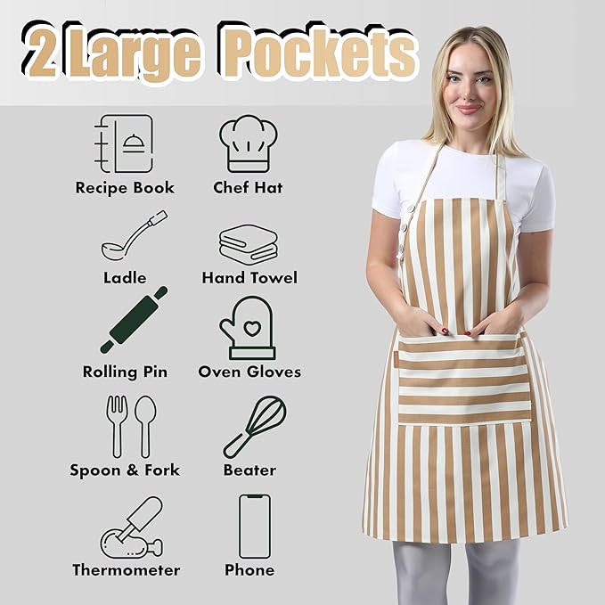 TOSHEX Kitchen Apron Waterdrop Resistant Cotton Apron with adjustable Aprons for Women with Pockets Cooking Apron Chef Apron for Men (1, Brown)