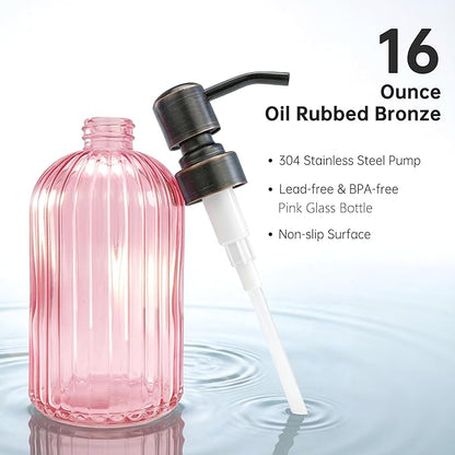 16 OZ Pink Glass Soap Dispenser,Clear Pink Stripe Bathroom Hand Soap Dispensers with Stainless Steel Bronze Pump,Brown Pink Kitchen Hand Soap Dispenser with Oil Rubbed Bronze Pump