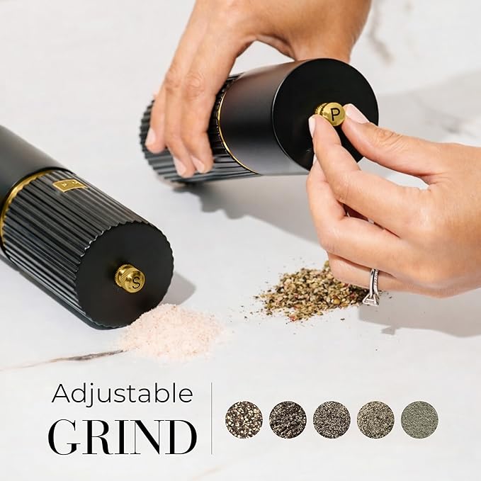 Wooden Salt and Pepper Grinder Set – Refillable Manual Salt and Pepper Mills with Adjustable Ceramic Burrs, Gold Detailing, and Wood Stand – Black - Image 2