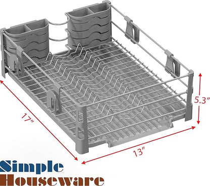 Simple Houseware Dish Drying Rack with Drainboard, Utensil Holder & Mug Hooks, Silver Metal Kitchen Counter Organizer - Image 3