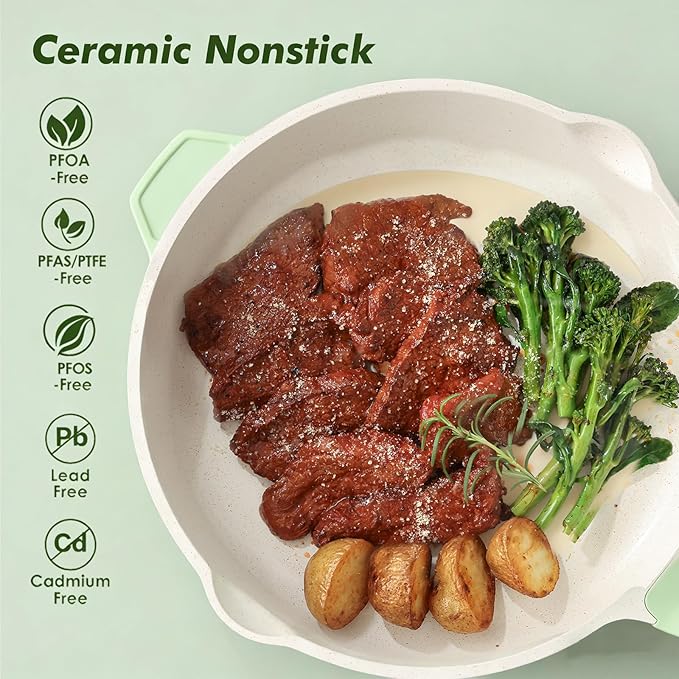 SENSARTE Nonstick Ceramic Skillet with Lid 12-inch/5QT, Non Toxic Deep Frying Pan, Saute Pan with Lid, Stay-cool Handle, Healthy Cooking Pot Dishwasher Safe, Induction Compatible, Green - Image 2