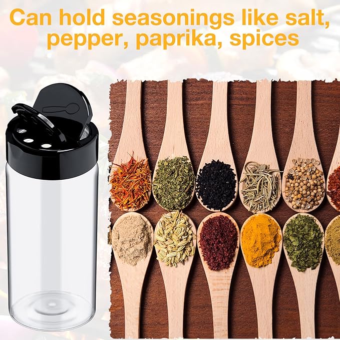 Mimorou 40 Pack Plastic Spice Jar with Shaker Lids Seasoning Containers 3.5 oz Plastic Spice Container with Black Lids Seasoning Jars for Kitchen Storing Powder