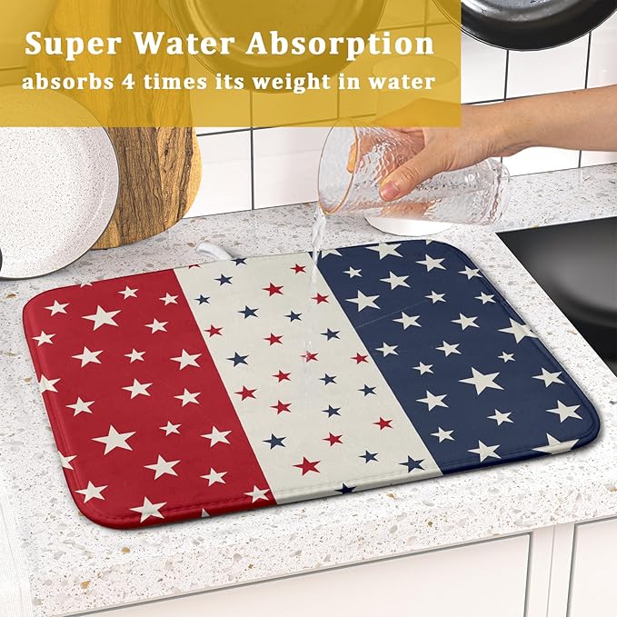 Blue Red White Star July of 4th Patriotic Dish Drying Mat for Kitchen Counter 16x18 Independence Day Absorbent Reversible Microfiber Drying Mats Kitchen Countertop Protector Dishes Drainer Rack Pad - Image 6