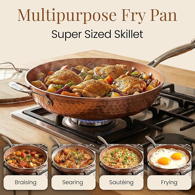 Gotham Steel Hammered Copper 14 Inch Non Stick Frying Pan with Lid, Nonstick Frying Pan with Ceramic Coating and Induction Plate for Even Heating, Oven / Dishwasher Safe, 100% Healthy & Non Toxic - Image 2