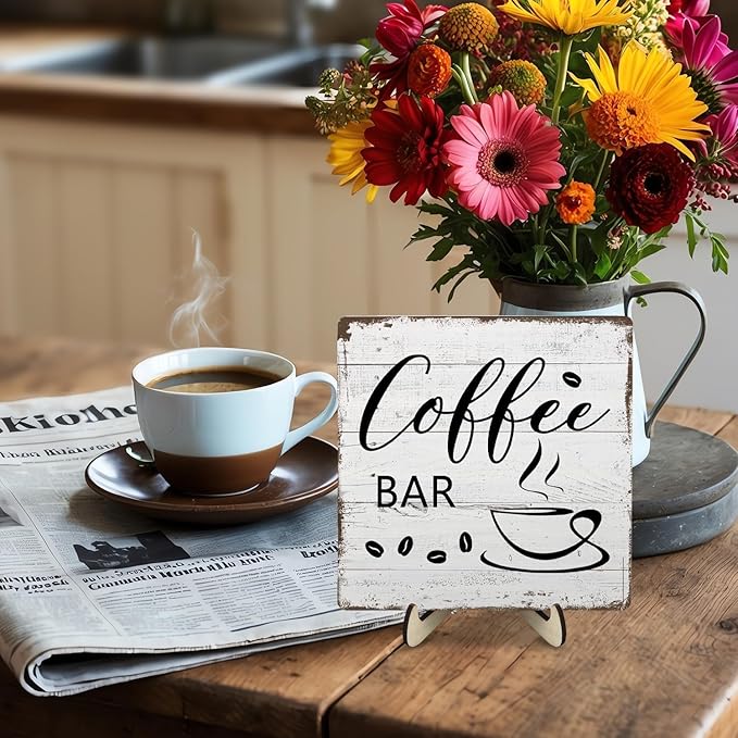 Coffee Bar Decor Sign – Rustic Wooden Plaque for Coffee Station, Farmhouse Cafe Shelf Accessories, Desk or Kitchen Counter Decor,Birthday,Mother Day Gift 5.9 x 5.9 Inch - Image 7