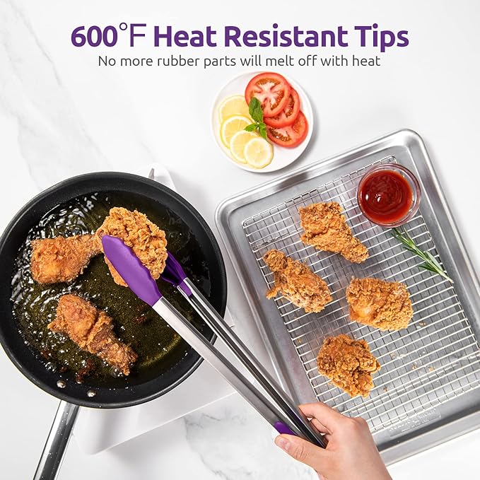 600ºF Heat Resistant Kitchen Tongs: U-Taste 16 inch Extra Long Large Silicone Cooking Tong with Sturdy Non Stick Rubber Tips & Non Slip Silicon Coated 18/8 Stainless Steel Handle for Grill BBQ(Purple) - Image 3