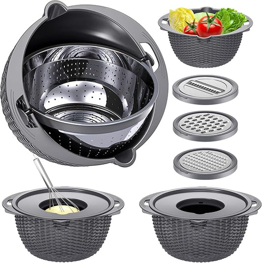 4-1 Colander with Lid Set - Rotatable Strainer With Bowl(Patented), Pasta Strainer with New Upgraded Graters, Strainer And Colanders, Fruit Cleaner, Veggie Wash, Apartment Kitchen Gadgets - Grey by Balavina