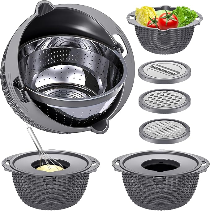 4-1 Colander with Lid Set - Rotatable Strainer With Bowl(Patented), Pasta Strainer with New Upgraded Graters, Strainer And Colanders, Fruit Cleaner, Veggie Wash, Apartment Kitchen Gadgets - Grey - Image 8