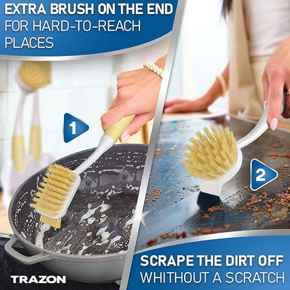 Dish Brush Set of 5 with Holder - Kitchen Scrub Brushes with Non-Slip Long Handle for Cleaning, Scrubber, Dishwashing, Dishes, Bottles, Straws, Cups, Pots & Sink, Baige - Image 3