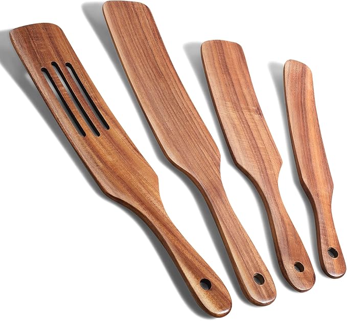 Spurtle Set, Natural Acacia Wooden Kitchen Utensils Set of 4, Wooden Spoons Utensils for Cooking, stirring, Mixing, Serving, spurtles kitchen tools as seen on tv for NonSick Cookware by TEZZ