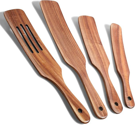 Spurtle Set, Natural Acacia Wooden Kitchen Utensils Set of 4, Wooden Spoons Utensils for Cooking, stirring, Mixing, Serving, spurtles kitchen tools as seen on tv for NonSick Cookware by TEZZ