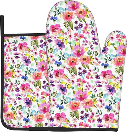Floral Oven Mitts and Pot Holders Sets Spring Summer Kitchen Mitts Colorful Blossom Potholders 2PCS Wildflower Oven Gloves Hot Pads for Kitchen Baking Cooking by DZGlobal
