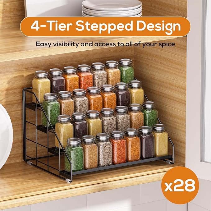 4 Tiered Spice Rack Organizer, 2 Pack Spice Rack Organizer for Cabinet, Tiered Adjustable Spice Shelf for Kitchen Countertop Pantry Organization (Carbon Black) - Image 8