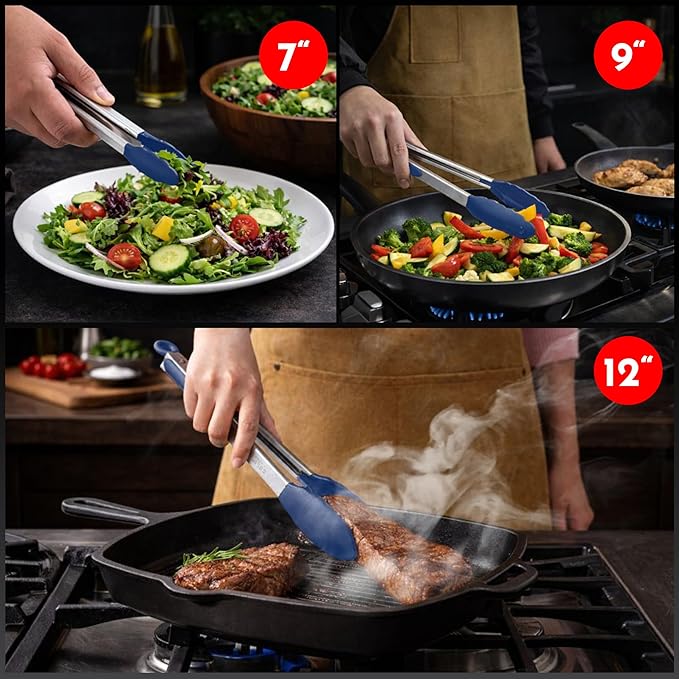 Kitchen Tongs with Silicone Tips Set of 3 Heat Resistant Tongs for Serving Food, 7-Inch, 9-Inch, 12-Inch Locking Silicone Tongs for Cooking, Salad Tong, Blue Kitchen Utensils - Image 7