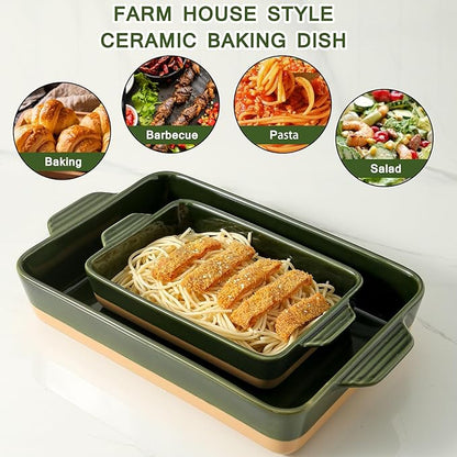 Ceramic Baking Casserole Dish with Handles, Large 9x13 inch Pan and Middle Baking Pan - Porcelain Serving Bakeware Set (Forest Green) - Image 4