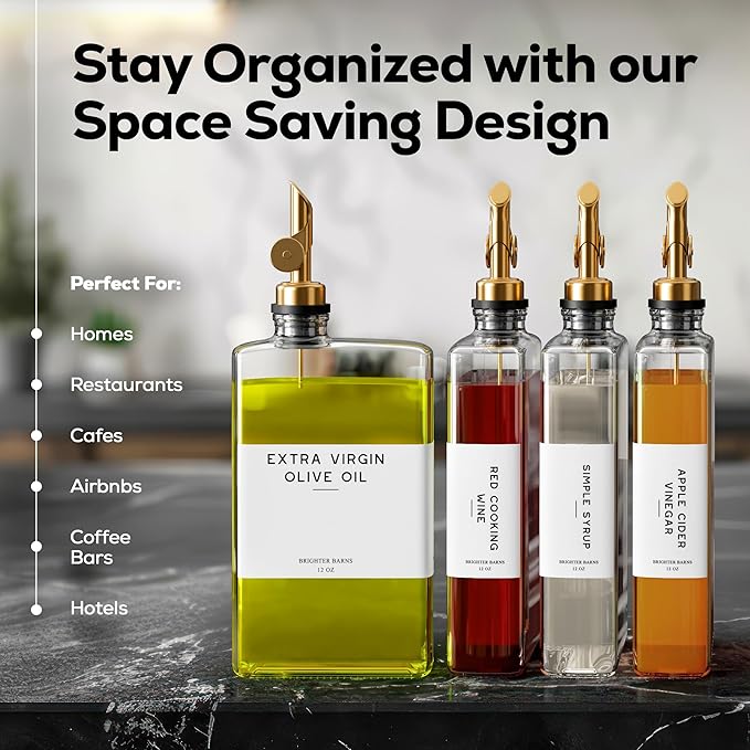 Glass Olive Oil Dispenser Bottle for Kitchen by Brighter Barns - Coffee Syrup Dispenser, Oil and Vinegar Bottle - Modern Kitchen Essentials for Restaurants, Coffee Bar, Airbnb (Clear/Gold, Set of 2) - Image 2