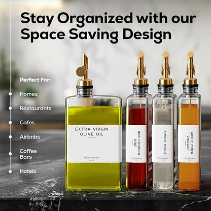 Glass Olive Oil Dispenser Bottle for Kitchen by Brighter Barns - Coffee Syrup Dispenser, Oil and Vinegar Bottle - Modern Kitchen Essentials for Restaurants, Coffee Bar, Airbnb (Clear/Gold, Set of 2) - Image 2