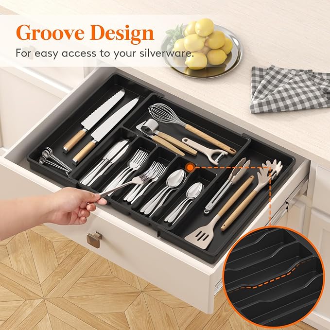 Lifewit Silverware Drawer Organizer, Expandable Utensil Tray for Kitchen, BPA Free Flatware and Cutlery Holder, Adjustable Plastic Storage for Spoons Forks Knives, 15- 27 x 18.5", Black - Image 9
