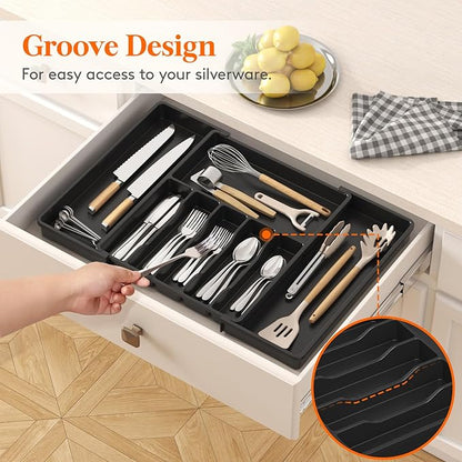 Lifewit Silverware Drawer Organizer, Expandable Utensil Tray for Kitchen, BPA Free Flatware and Cutlery Holder, Adjustable Plastic Storage for Spoons Forks Knives, 15- 27 x 18.5", Black - Image 9