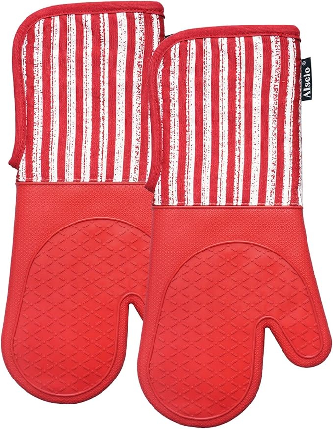 Alselo Silicone Oven Mitts Heat Resistant 932℉ with Waterproof & Non-Slip Kitchen Mittens, Set of 2 Extra Long Oven Gloves with Soft Cotton Terry Lining for Baking Cooking Barbecue (2, Red Mitts) - Image 8