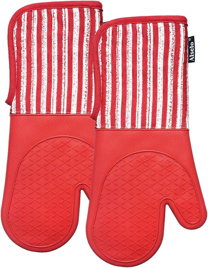 Alselo Silicone Oven Mitts Heat Resistant 932℉ with Waterproof & Non-Slip Kitchen Mittens, Set of 2 Extra Long Oven Gloves with Soft Cotton Terry Lining for Baking Cooking Barbecue (2, Red Mitts) - Image 8